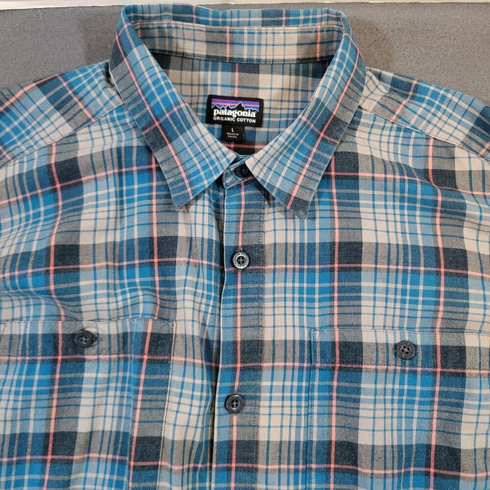 Patagonia Mens Large (Fits XL) LS Organic Pima Cotton Shirt Blue Green Plaid 538
